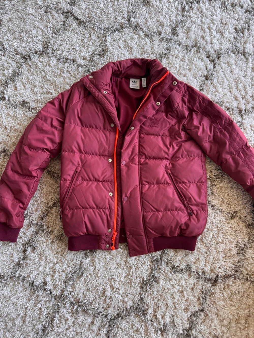 adidas x Jonah Hill Maroon Puffer Jacket with Orange Trim - XS but Oversized fit